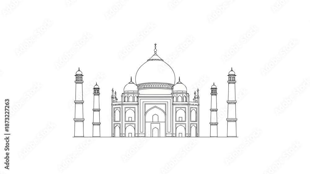 Fototapeta premium The majestic Taj Mahal stands prominently in a line drawing illustration.