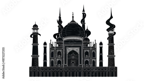Illustration depicts the Taj Mahal monument in black and white.