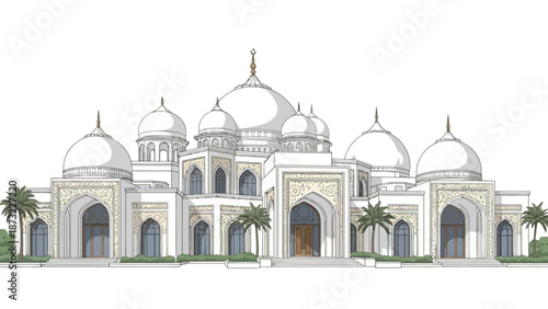 An illustration depicts a large white mosque with domes and palm trees outside.