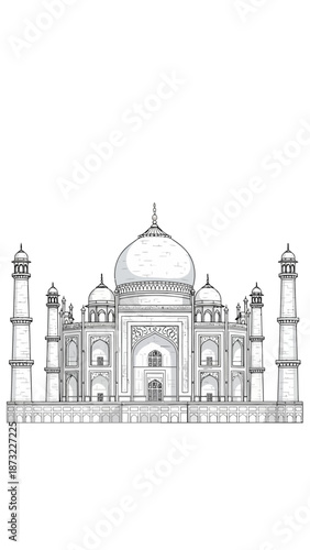 Detailed architectural illustration of the Taj Mahal monument with intricate design and structure