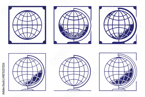 Collection of blue terrestrial globe vector illustrations on stands for education