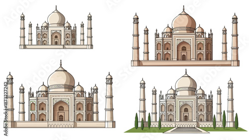 The Taj Mahal stands majestically in various architectural views and environments depicted.