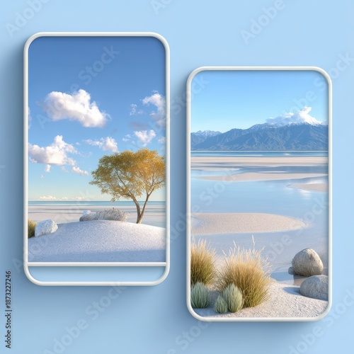 Two tall rounded panels showcase a lone tree on white dunes and reflective tidal flats with distant peaks, offering a dreamy minimalist backdrop for wellness, tech, or editorial uses.