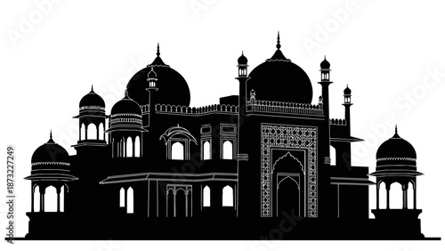 An illustration depicts a large mosque with domes and minarets in a city.