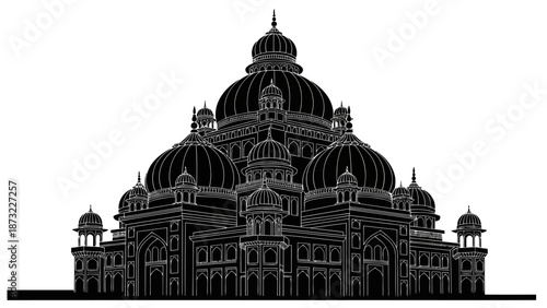 Large architectural illustration of a building with domes and arches