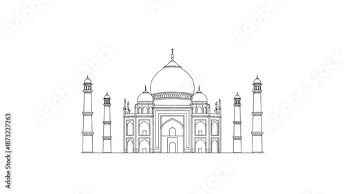 The majestic Taj Mahal stands prominently in a line drawing illustration.