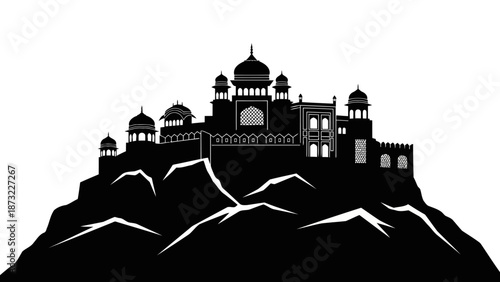 Ancient architecture stands atop a mountain with domes and towers.