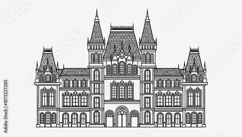 An intricate illustration depicts a majestic castle with towers and turrets standing proudly.