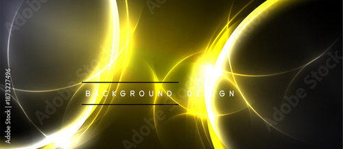 Abstract yellow energy flows over dark backdrop. Dynamic curves create modern visual impact. Text reads background design.