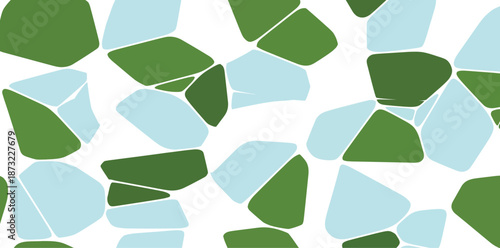 Abstract mosaic pattern with green and light blue shapes on white background