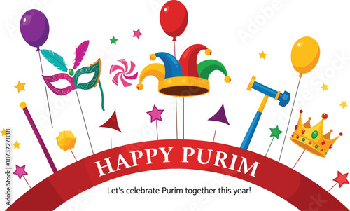 Happy Purim vector illustration featuring an arched red banner with jester hat mask crown balloons and festive stars.
