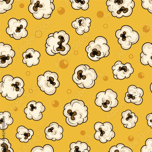 Golden Pop Corn Seamless Pattern Deliciously Fluffy Kernels Scattered on a Vibrant Yellow Background for Snack Time Fun