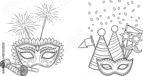 Purim festival vector line art set with hand drawn ornate masks party hats sparklers and festive carnival props.