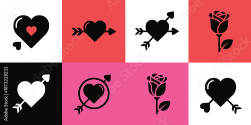 Valentine's Day love hearts and roses set in flat design minimalist style