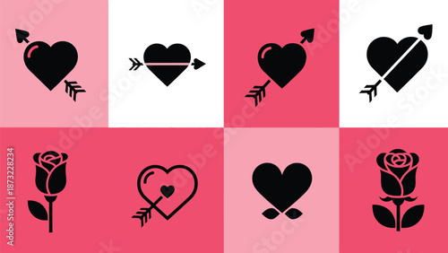 Valentine's Day love symbols set with hearts, roses, couples, and wedding icons in flat design