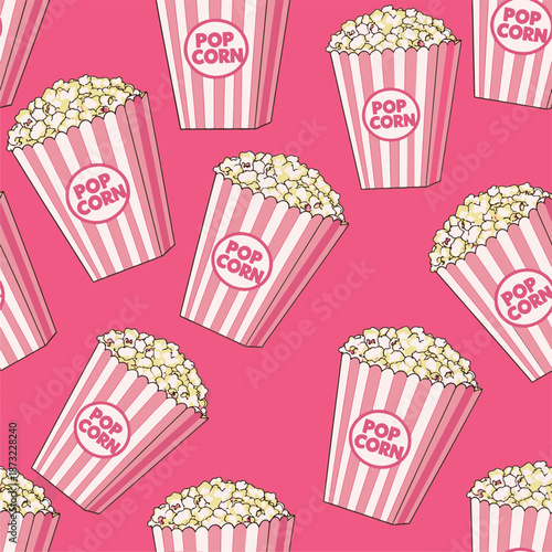 Charming Movie Night Pop Corn Seamless Pattern Design on Pink Background, Perfect for Snack Food Graphics