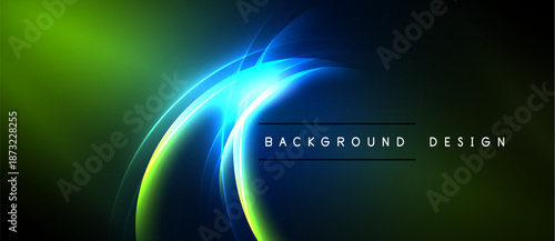 Abstract design features vibrant green, blue gradients. Curves create dynamic light effect. Text reads background design. Modern, sleek presentation.