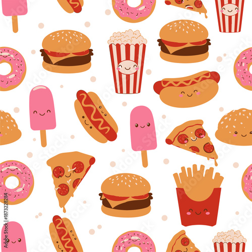 Playful Pop Corn Seamless Pattern Featuring Adorable Fast Food, Donuts, Pizza, Burgers, and Sweet Treats for Cheerful Designs