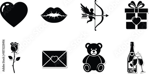 Black and white love romance icons set with gift bow heart lips teddy guitar