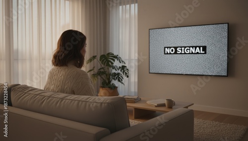 Woman sitting on a sofa in a modern living room, frustratingly watching a television showing a no signal message and static, indicating a technical issue or broadcast interruption