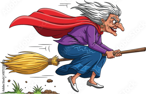Vector illustration of a traditional witch with a red cape flying on a broomstick with motion speed lines.