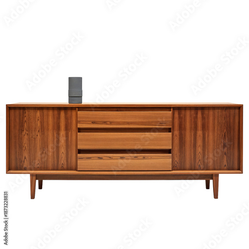 Modern Wooden Cabinet With Drawers and Decorative Object on Top in a Simple S...