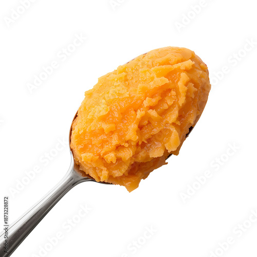 Spoonful of Mashed Sweet Potato on a Silver Spoon Ready for Serving