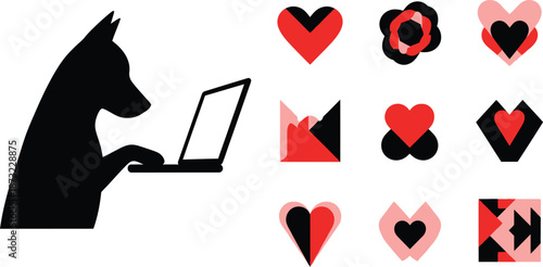 Black Labrador Dog Silhouette with Love and Paw Icons Vector Set