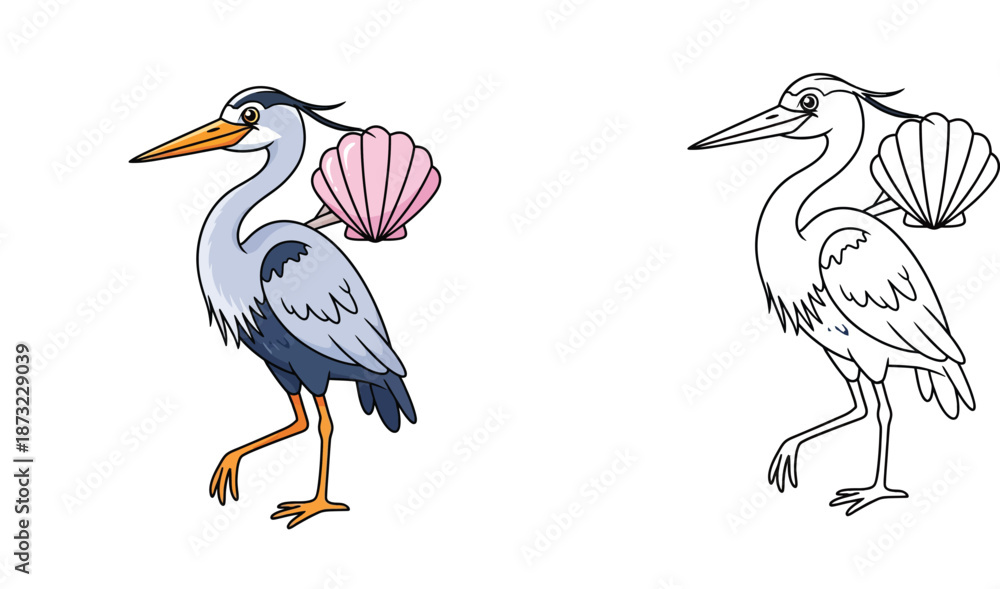 Obraz premium Cute Cartoon Grey Heron Bird Carrying a Pink Seashell on its Back, Adorable Stork Character Illustration for Kids Projects and Coastal Graphic Design on White Background.