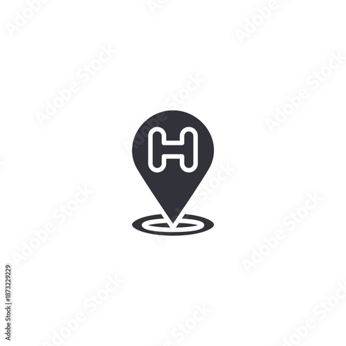 Hospital location pin icon representing emergency services, healthcare navigation, medical facility mapping, and location based assistance.