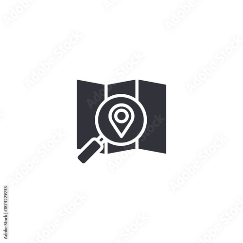 Map search icon representing location discovery, route analysis, navigation planning, and geographic information systems.