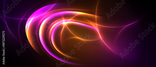 Abstract swirls, vibrant colors blend. Orange, purple hues create dynamic energy, flowing forms dominate dark background.
