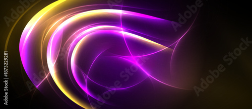 Bright abstract lines form swirling patterns. Vivid purple, gold hues dominate dark background. Dynamic energy radiates from center.