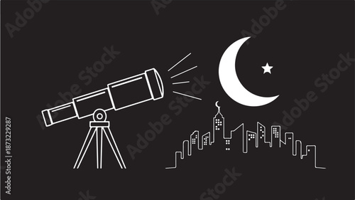 Telescope Observing Crescent Moon and Star above City Skyline at Night