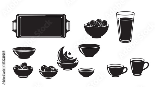 Black and White Illustration of Various Coffee and Dessert Items on Table