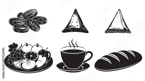 Black and White Illustration of Food and Drink Items