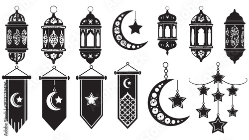 Ramadan Lanterns and Stars with Crescent Moon