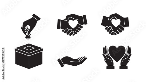 Black Icons of Hands and Heart for Charity or Voting