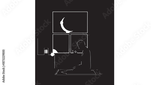 Man Praying at Night with Candle and Moonlight