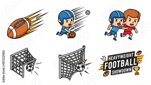 Illustrations of American football and soccer icons for sports themes and graphic design