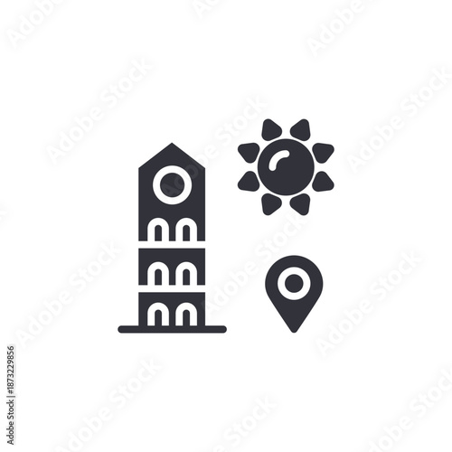 Historic building location icon symbolizing tourism navigation, cultural landmarks, city exploration, and destination mapping services.
