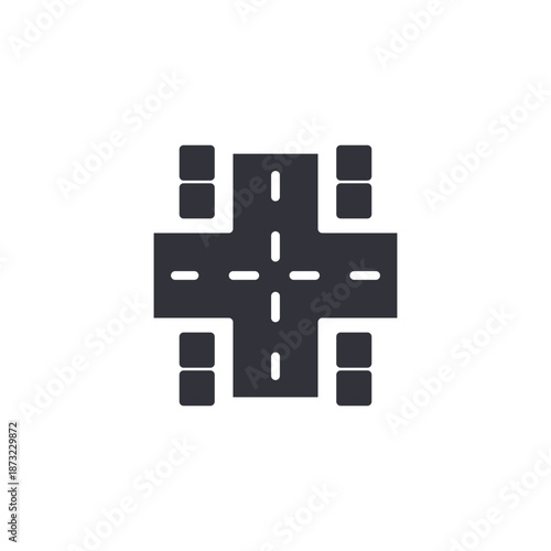Urban map block icon representing city layout, spatial planning, navigation structure, and geographic data visualization.