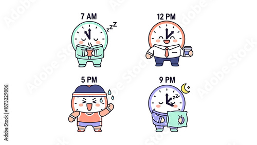 Clock Characters Depicting Different Times of the Day 7 AM to 9 PM, Showing Daily Activities and Routines