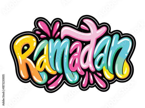 Vibrant Ramadan Celebration: A colorful and artistic display of the word Ramadan captures the festive spirit of the holy month. It is a visual representation of unity and reflection.