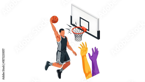 Basketball player in action dunking a basketball into the hoop while arms try to block