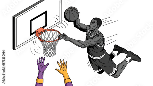 Isometric vector illustration showcasing a powerful athlete mid-air, successfully completing an exhilarating slam dunk over outstretched hands on the basketball court