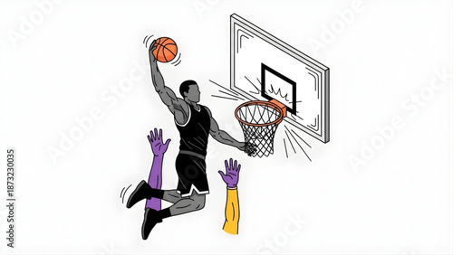 Dynamic Basketball Player Performing a Slam Dunk Over Opponent's Reaching Hands