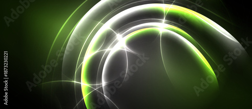 Abstract design features luminous curves, vibrant green hues, bright white light. Dark background emphasizes glowing shapes, creating dynamic visual effect.