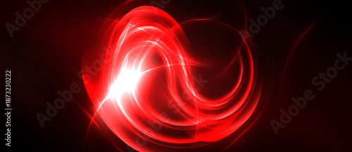 Bright red abstract swirls, luminous energy radiating from center. Dark background emphasizes glowing curves, dynamic composition.
