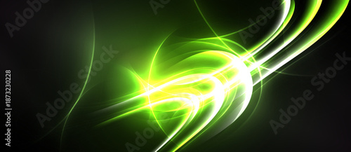 Bright green energy flows, swirling patterns dominate dark background. Light radiates, creating dynamic abstract composition. Vivid, intense.